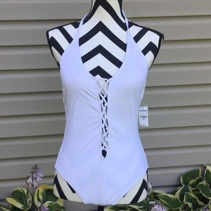 NWT Express White Deep V Lace-Up Front Swimsuit